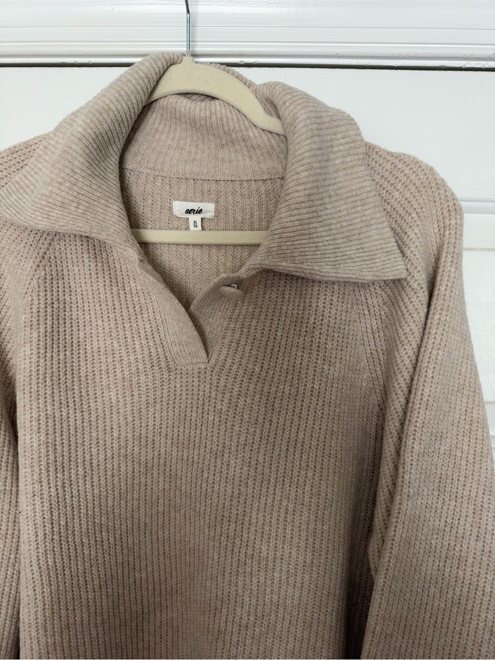 aerie Beige Ribbed Cowl Collar Sweater